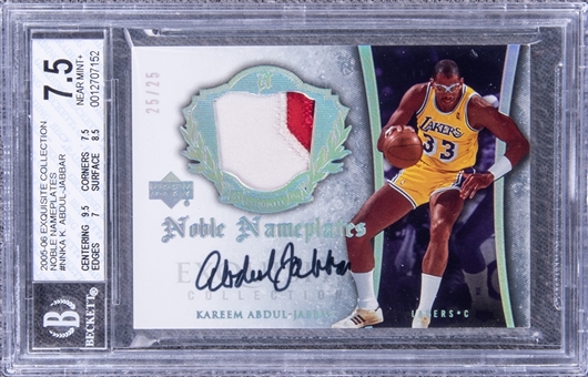 2005-06 UD "Exquisite Collection" Noble Nameplates #NNKA Kareem Abdul-Jabbar Signed Game Used Patch Card (#25/25) - BGS NM+ 7.5/BGS 10